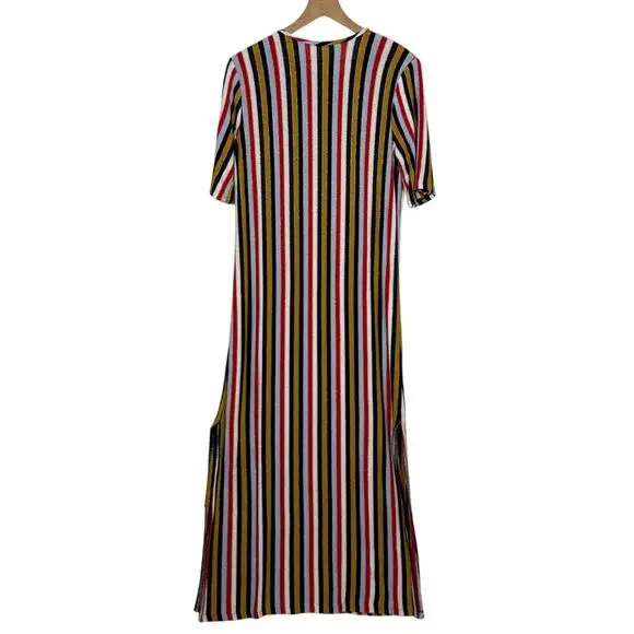 Zara Collection Midi Dress Womens Large Multicolor Metallic Striped Short Sleeve - Picture 2 of 8